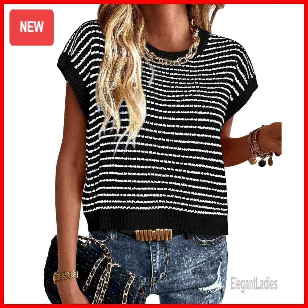 Striped Cap Sleeve Knit Sweater Vest, Lightweight Pullover for Layering